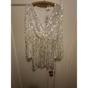 WAYF Sequined Silver Dress Sz M Mini Long Sleeve New!